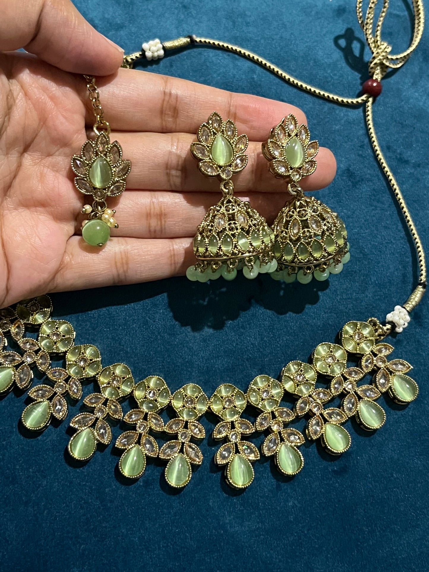 Renu Kundan Necklace Set - Pistachio