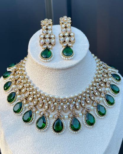 Abhi Kundan Necklace Set - Dark Green