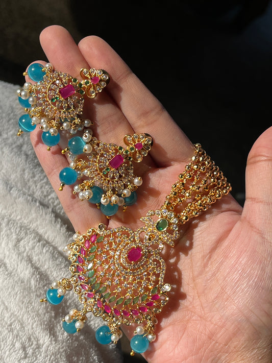 Devi Blue Glass Bead Necklace and Earring Set