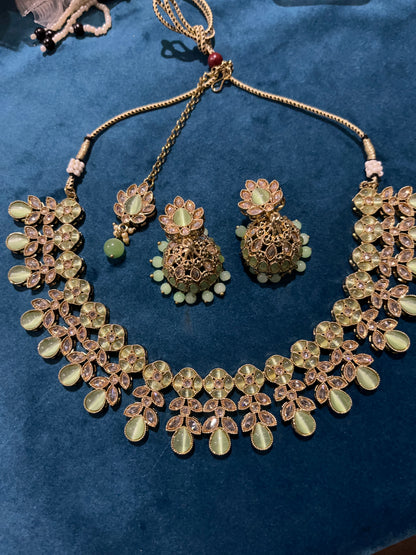 Renu Kundan Necklace Set - Pistachio