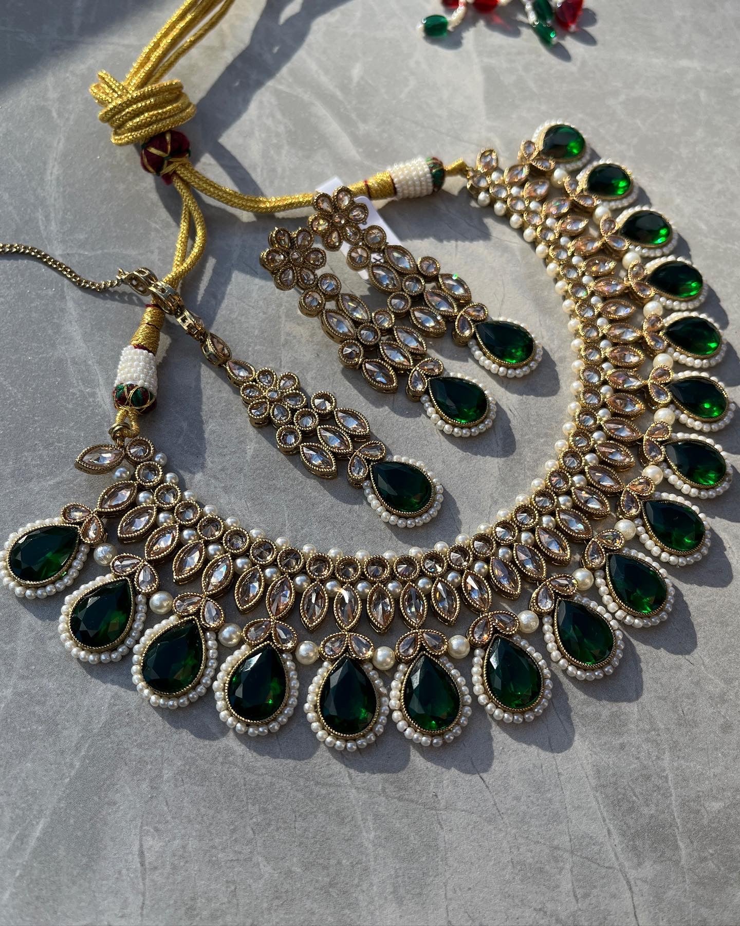 Abhi Kundan Necklace Set - Dark Green