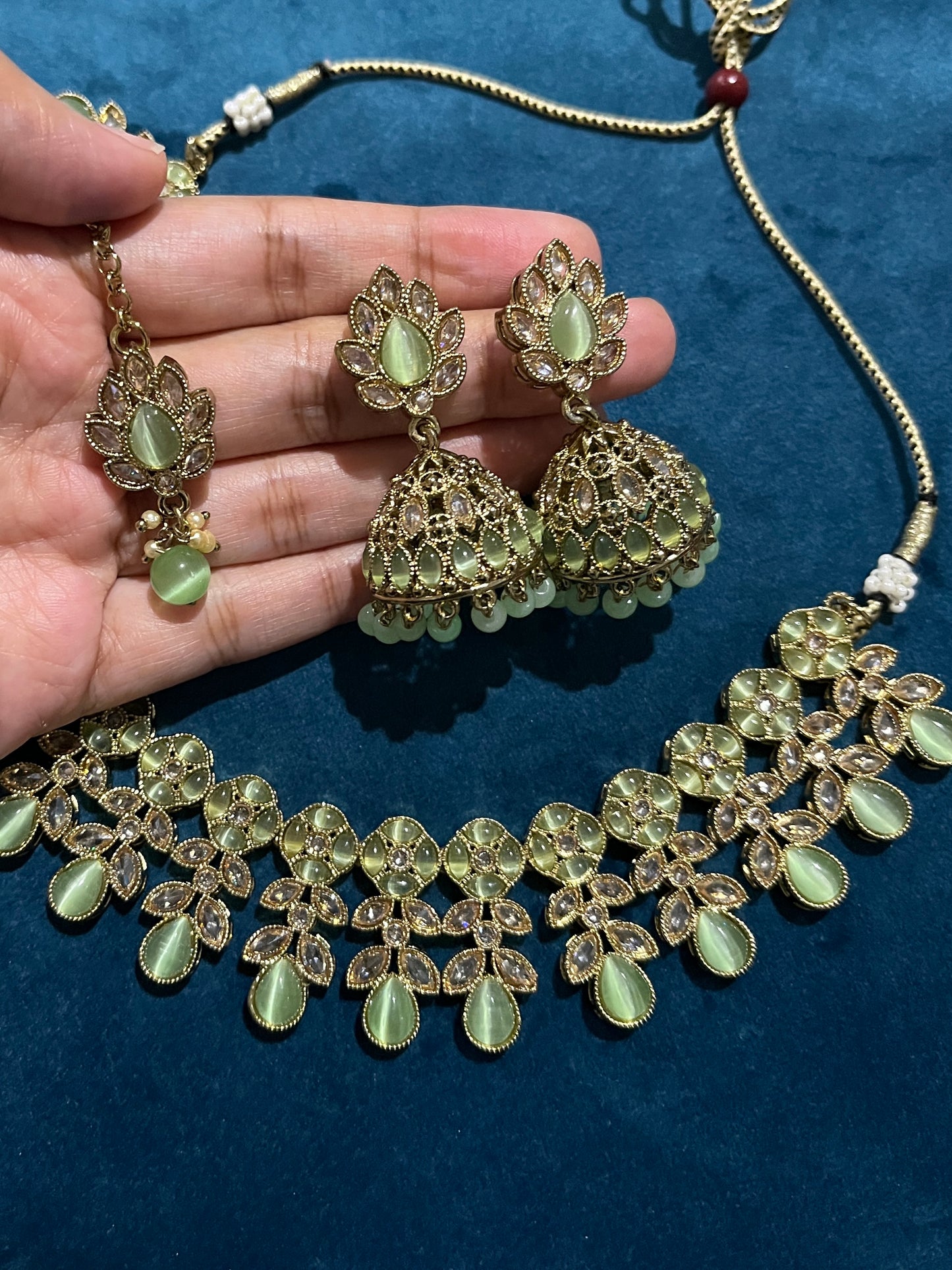 Renu Kundan Necklace Set - Pistachio