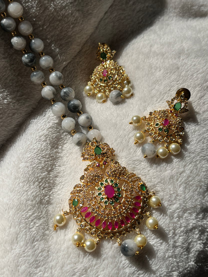 Meenakshi Marble Glass Bead Necklace and Earring set