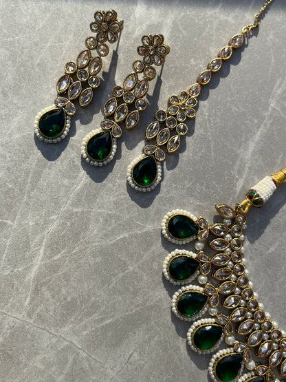 Abhi Kundan Necklace Set - Dark Green