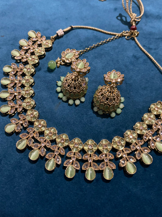 Renu Kundan Necklace Set - Pistachio