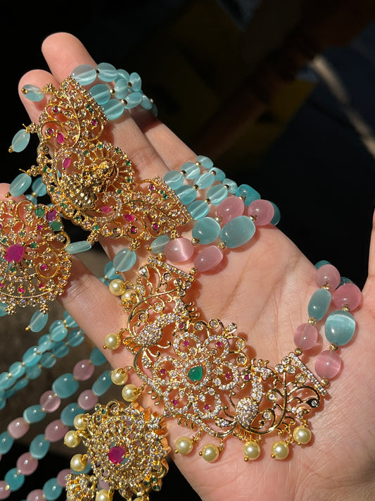 Anita Glass Bead COMBO Set - Temple Jewellery Hara set and Pink/Blue Hara