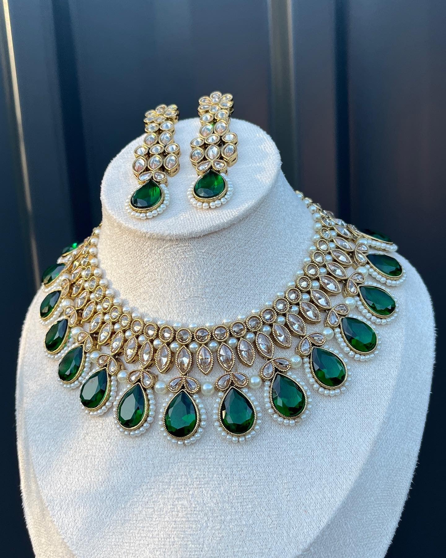 Abhi Kundan Necklace Set - Dark Green