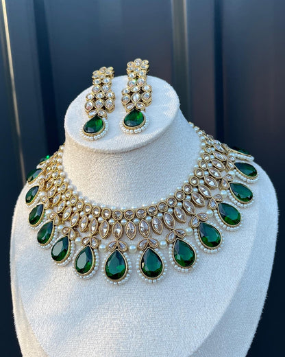 Abhi Kundan Necklace Set - Dark Green