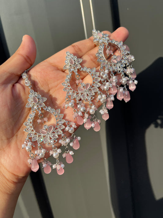 Earring and Tikka - Silver Choker, Earring and Tikka set with White and Pink Coloured Stones. High-quality and perfect for indian weddings, bridal showers, functions, events, festivals and to give as gifts.