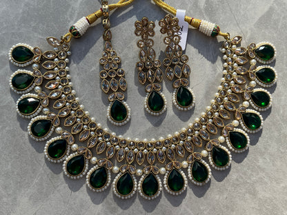 Abhi Kundan Necklace Set - Dark Green