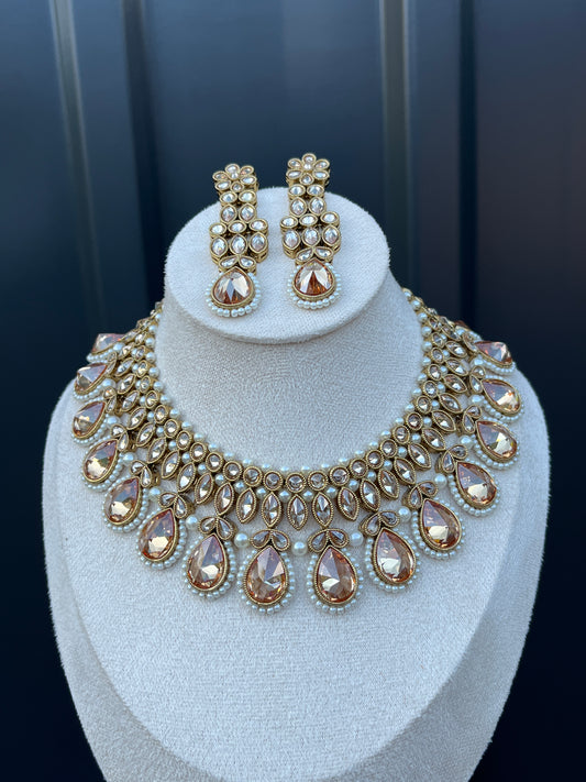 Abhi Kundan Necklace Set - Peach - PRE-ORDER Available