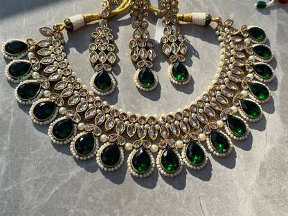 Abhi Kundan Necklace Set - Dark Green