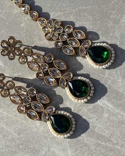 Abhi Kundan Necklace Set - Dark Green